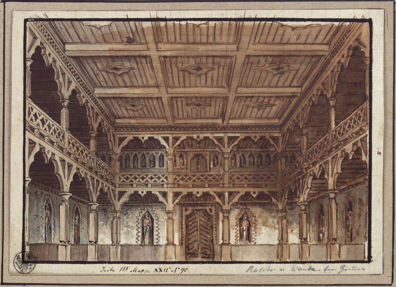 Ratibor e Wanda. Peça de Jakob Andreas Konrad Levezow. Projecto para o 2.º cenário. Aposentos das mulheres no castelo de Karl Friedrich Schinkel