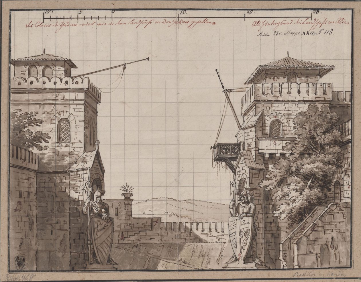 Ratibor e Wanda. Peça de teatro de Jakob Andreas Konrad Levezow. Esboço para o terceiro cenário. Forte com vista para as montanhas de Karl Friedrich Schinkel