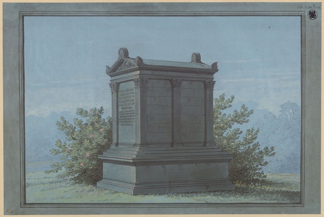 Sarcófago em forma de templo - Belchau (Białochowo), antigo distrito de Graudenz (Powiat Grudziądzki), distrito administrativo de Marienwerder (Województwo Kujawsko-Pomorskie). Projecto para o monumento funerário Klinggräf em forma de pequeno templo com de Karl Friedrich Schinkel