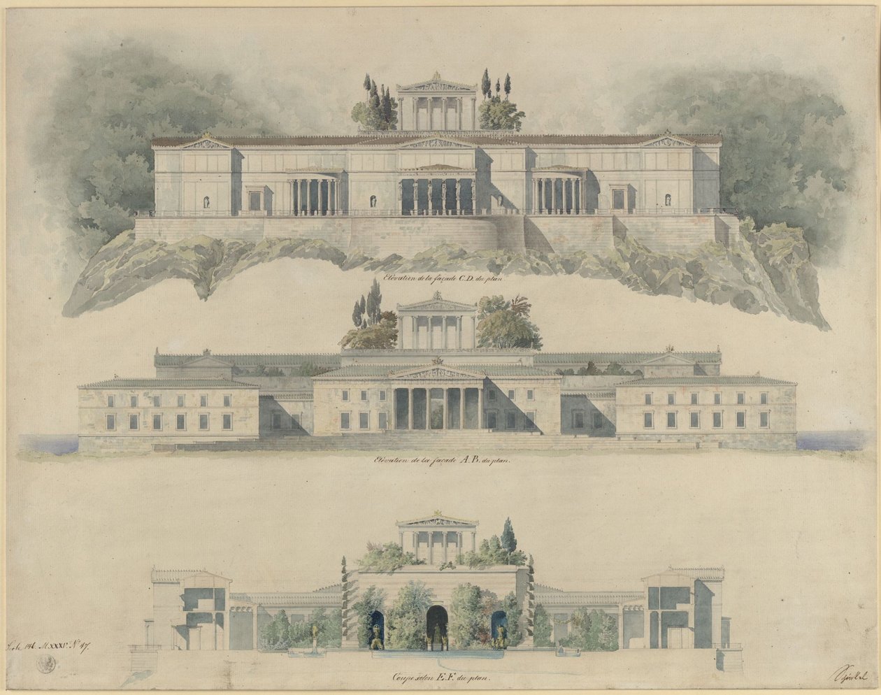 Palácio de Orianda na Crimeia. Projecto classicizante. Alçado dos lados do mar e da terra, corte através da corte imperial com o Museu da Crimeia e o templo que o remata de Karl Friedrich Schinkel