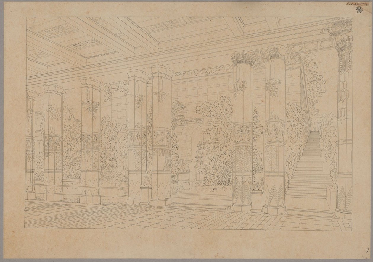 Palácio de Orianda na Crimeia. Projecto clássico. Vista em perspectiva do pórtico da corte imperial com tanque e museu de Karl Friedrich Schinkel