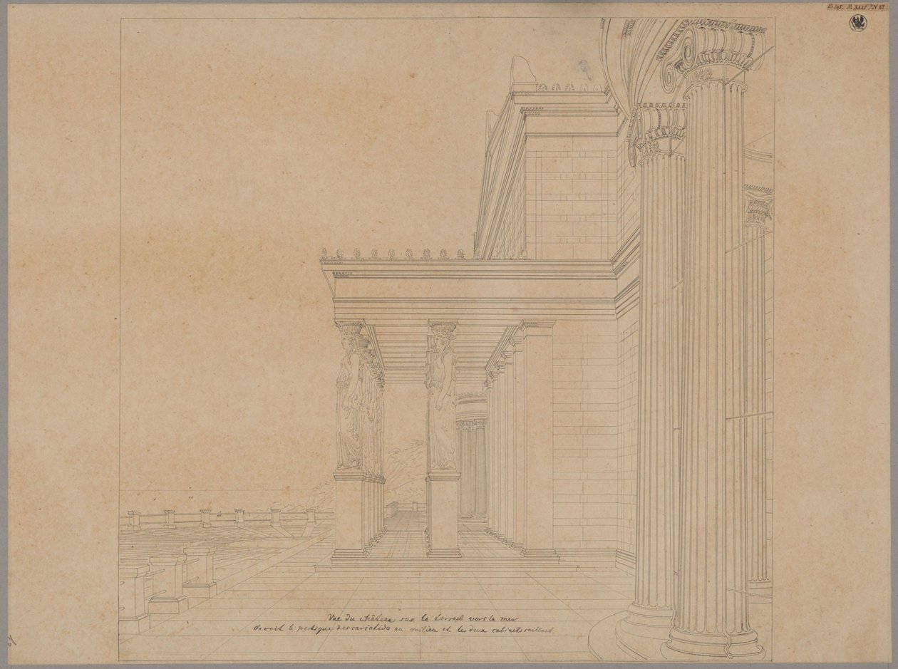 Castelo de Orianda, na Crimeia. Projeto de estilo antigo. Terraço do castelo com pórtico virado para o mar de Karl Friedrich Schinkel