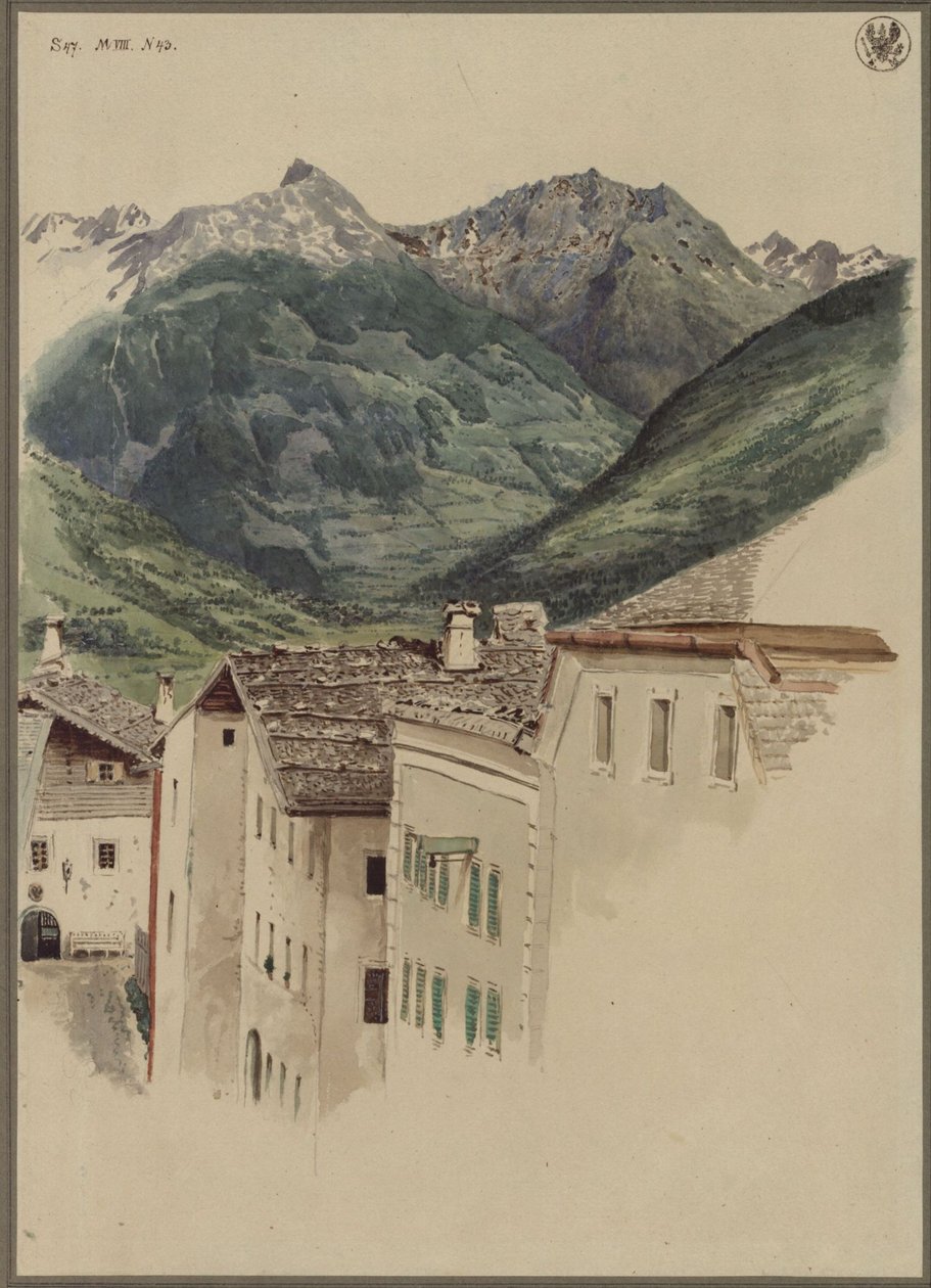 Rua em Hofgastein com vista para o Hüttelkogel, o Graukogel, o maciço do Feuerseng e o Gamskarspitze de Karl Friedrich Schinkel