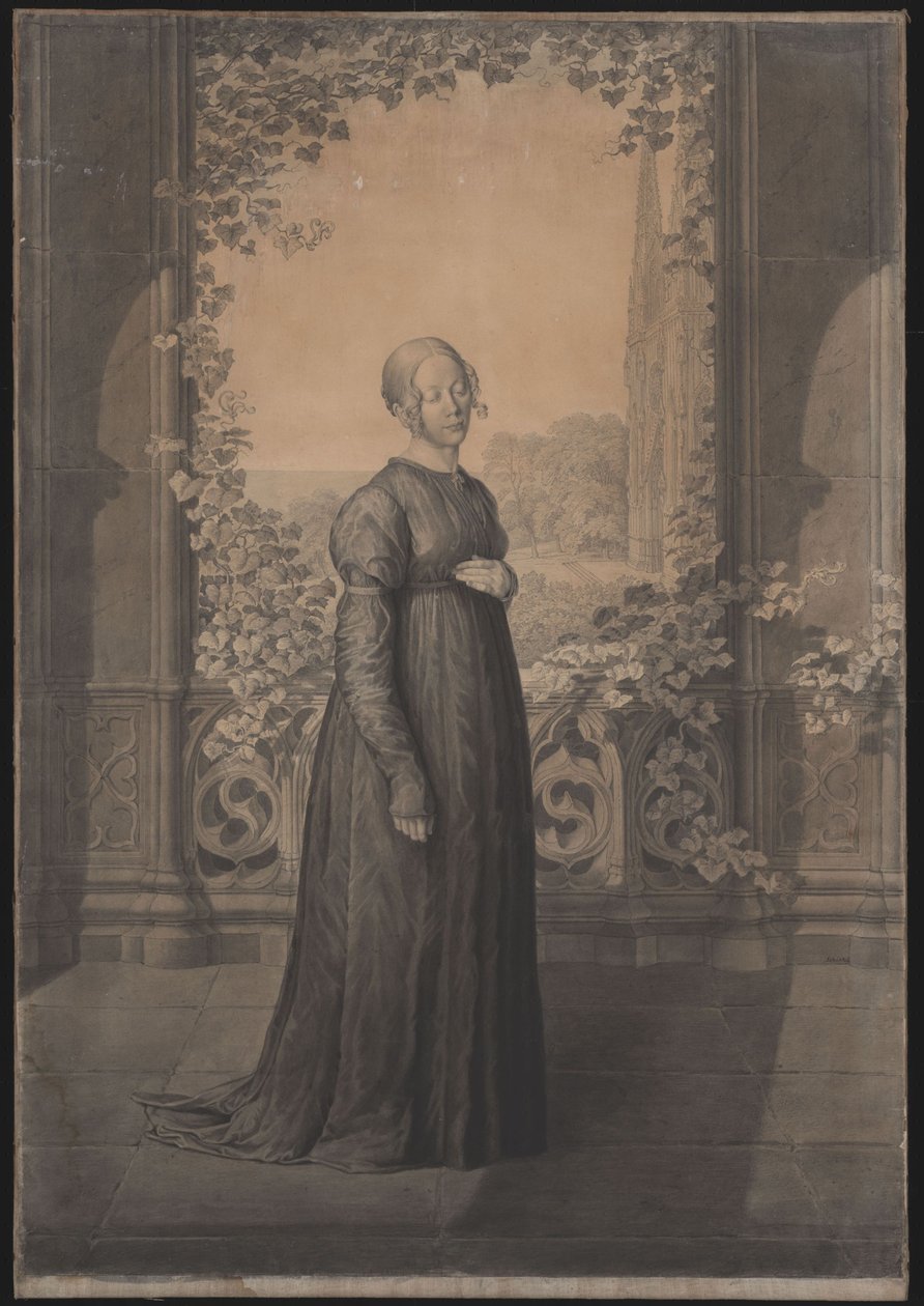Susanne Schinkel num vestido antigo alemão diante de uma arquitetura gótica, ao fundo uma paisagem com uma catedral gótica de Karl Friedrich Schinkel