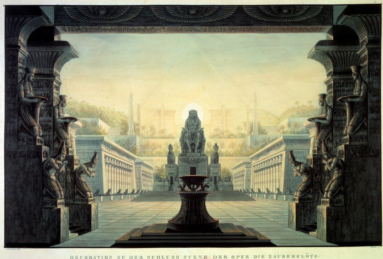 Decoração do Teatro: Decoração para a ópera "La Flauta Encante (Die Zauberflote) de Wolfgang Amadeus Mozart, sobre um libreto de Emanuel Schikaneder. Desenho de Karl Schinkel (1781-1841) de Karl Friedrich Schinkel