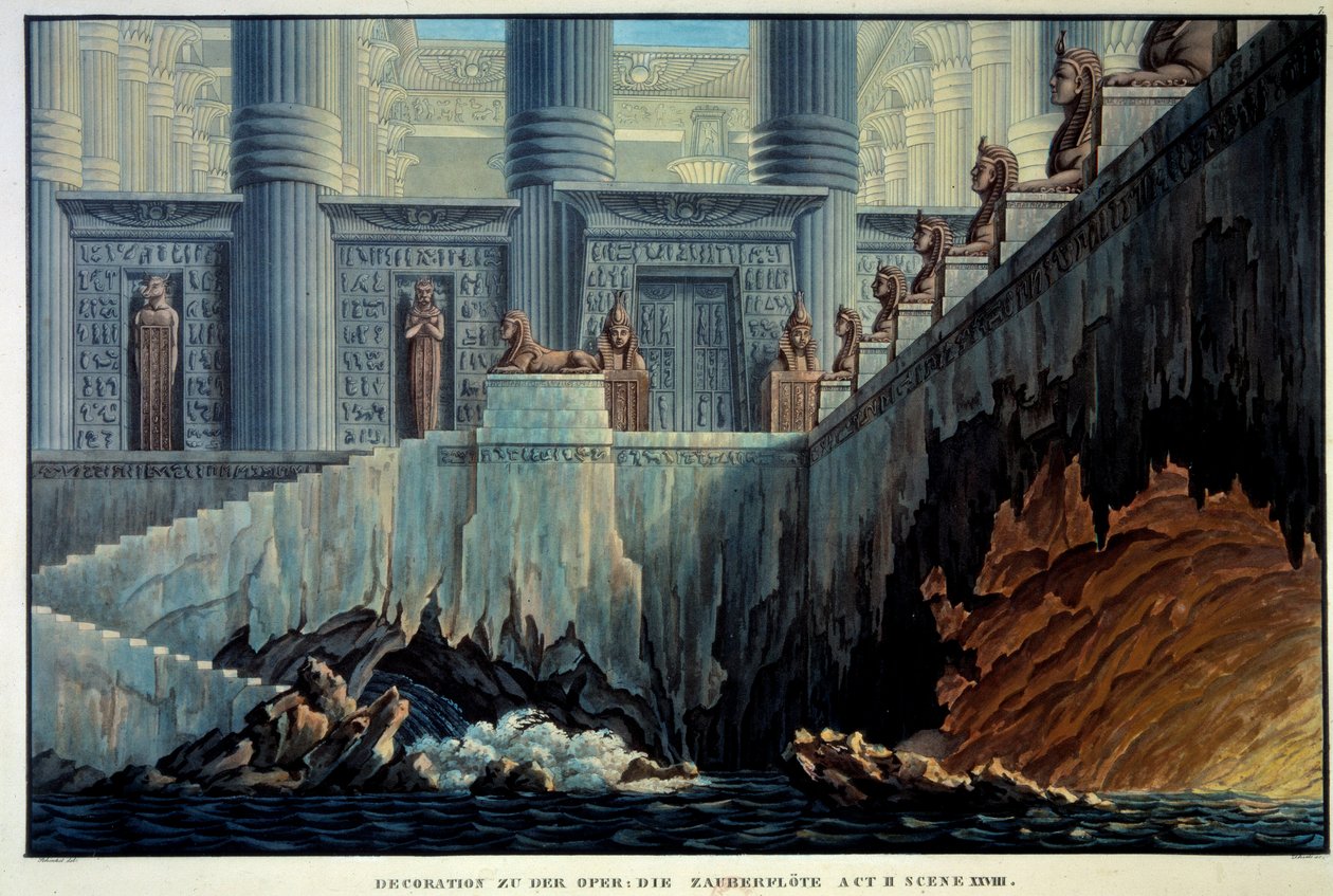 Decoração teatral para a encantadora flauta (Ópera "Die Zauberflote" de Wolfgang Amadeus Mozart). Gravura de Karl Schinkel (1781-1841) Ec. Todos. de Karl Friedrich Schinkel