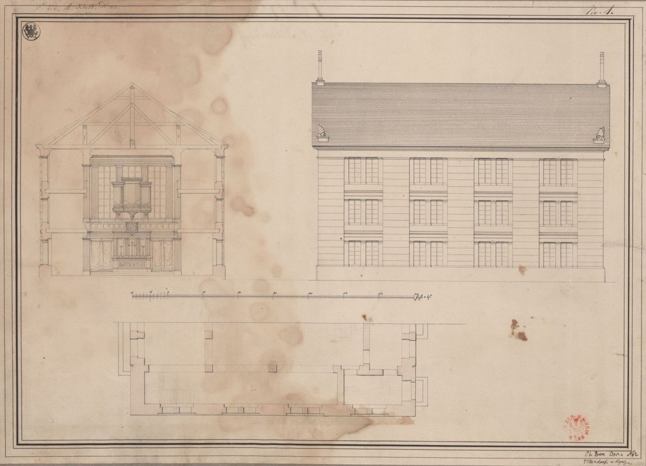 Tillendorf (Bolesławice, distrito de Liegnitz). Projecto para a igreja protestante. Planta, alçado da fachada lateral e corte transversal de Karl Friedrich Schinkel