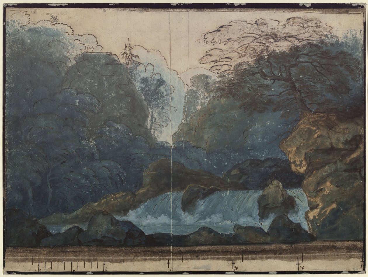 Undine. Ópera de E. T. A. Hoffmann. Esboço do segundo cenário. Floresta com cascata de Karl Friedrich Schinkel