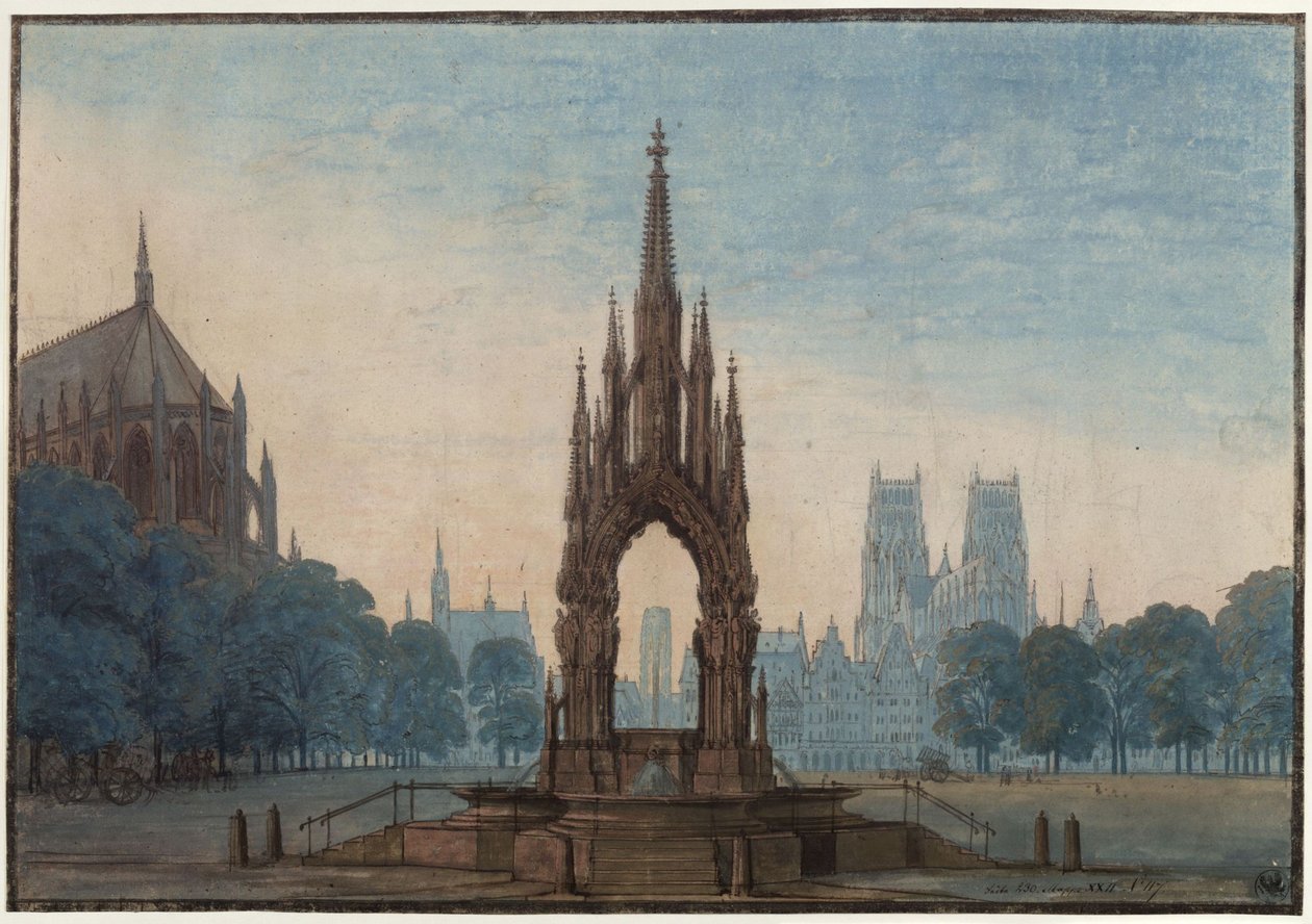 Undine. Ópera de E. T. A. Hoffmann. Esboço do terceiro cenário. Praça do mercado com fonte de Karl Friedrich Schinkel