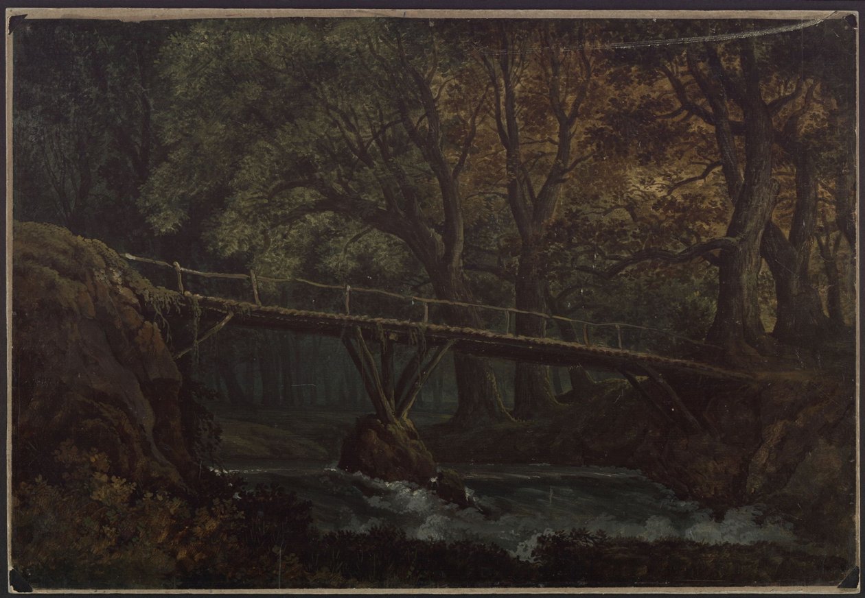 Undine. Ópera de E. T. A. Hoffmann. Esboço para o 7.º cenário. Floresta densa com ponte sobre um riacho de Karl Friedrich Schinkel
