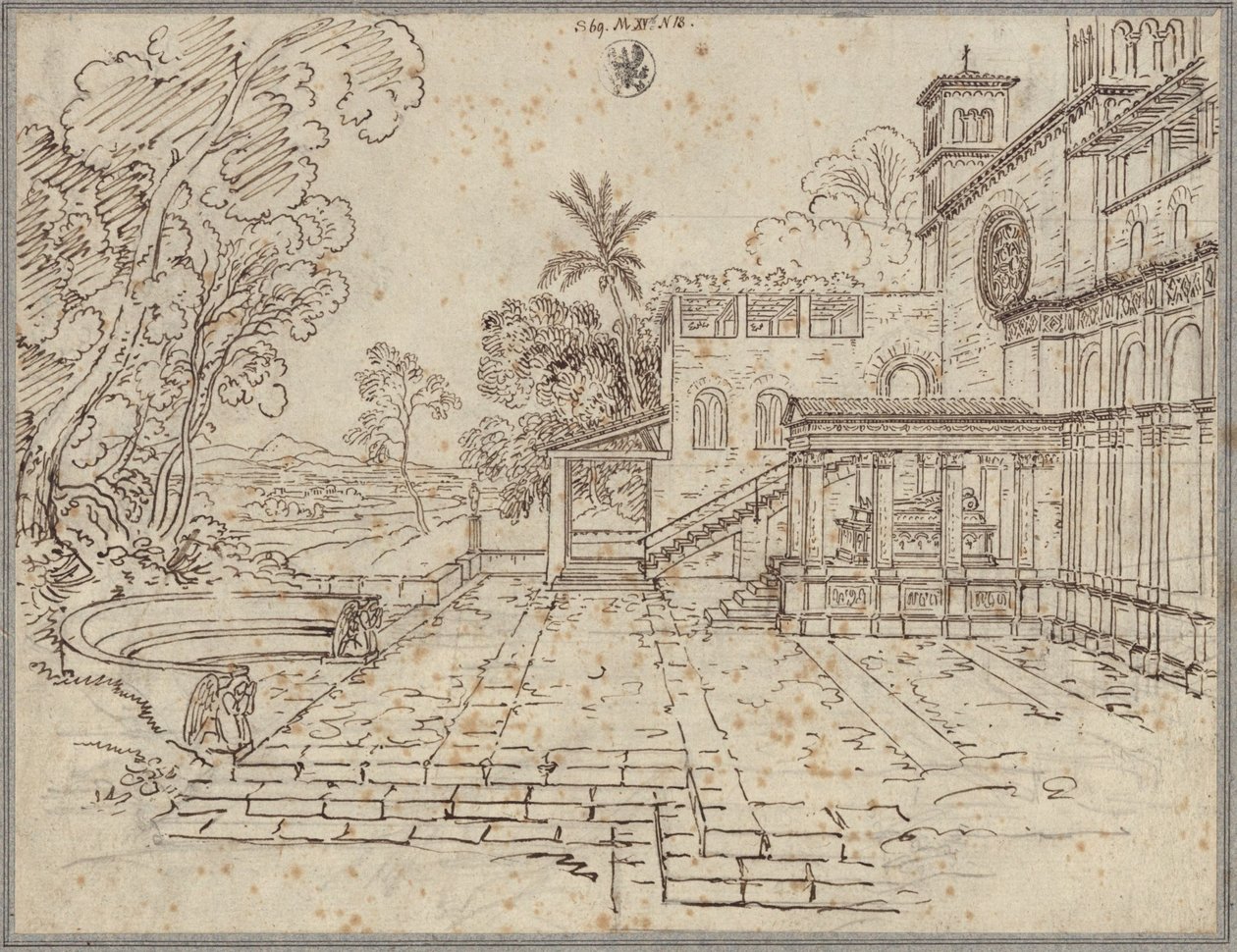 Pátio em frente a uma igreja com um monumento de Karl Friedrich Schinkel