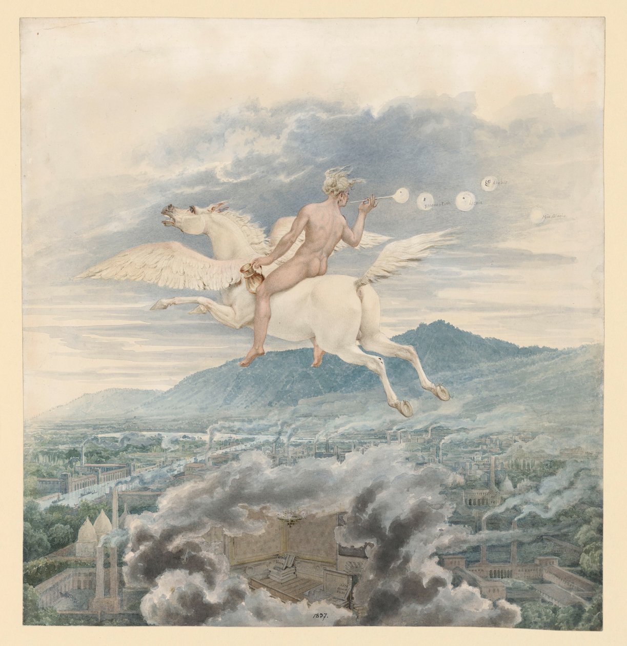 Figura feminina (sopradora de bolas de sabão) como alegoria de Christian Peter Wilhelm Beuth, montando Pégaso sobre uma cidade industrial de Karl Friedrich Schinkel