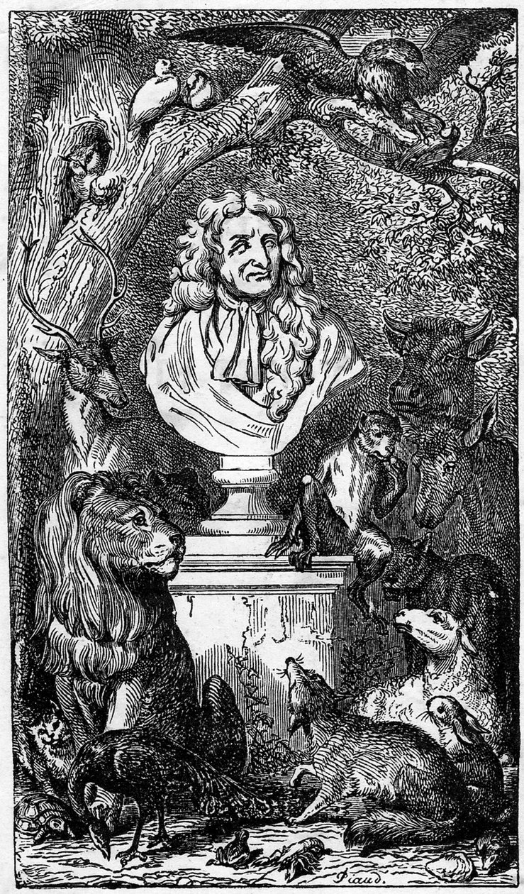 Busto alegórico de Jean de La Fontaine, rodeado de animais; frontispício de um livro das Fábulas de la Fontaine de Karl Girardet