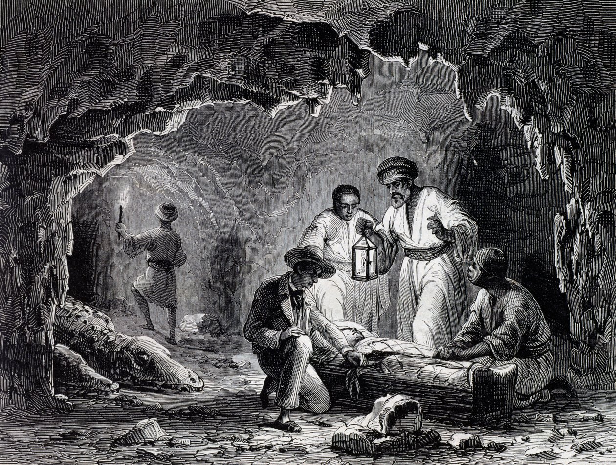 Descobertas arqueológicas em grutas de Samoun, gravura baseada no desenho de Karl Girardet (1813-1871) de Karl Girardet