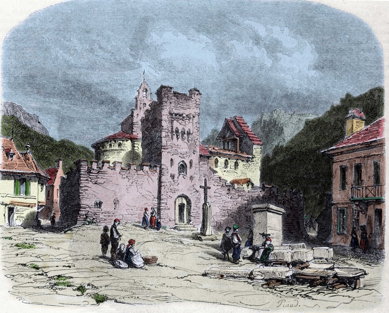 Igreja dos Cavaleiros da Ordem do Templo (Templários) na Luz Saint Saviour (Luz-Saint-Sauveur ou Luz St Saviour, Luz-St-Sauveur). Desenho de Karl Girardet (1813-1871) de Karl Girardet