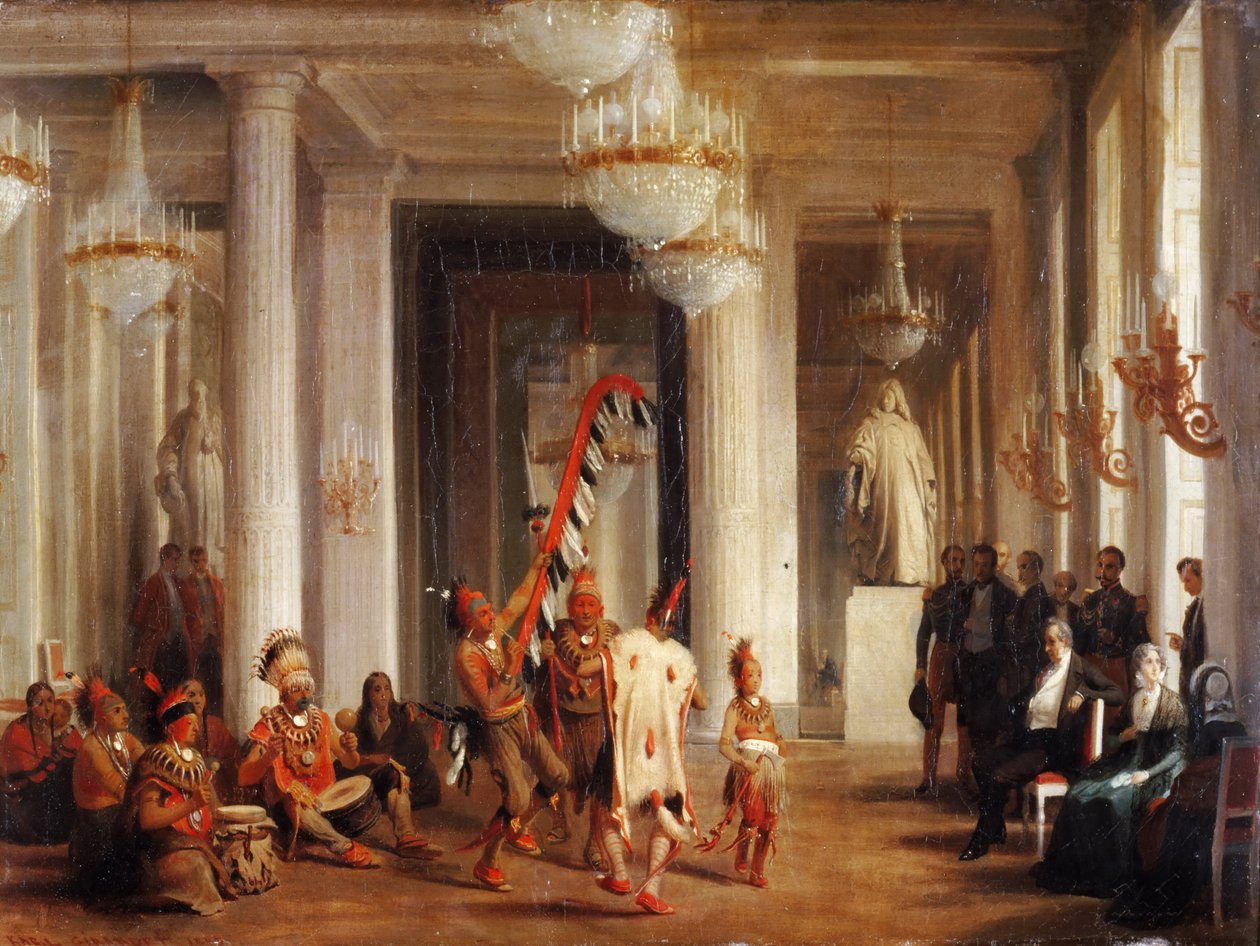 Dança dos índios de Iowa no Salon de la Paix nas Tuileries, apresentada pelo pintor George Catl de Karl Girardet