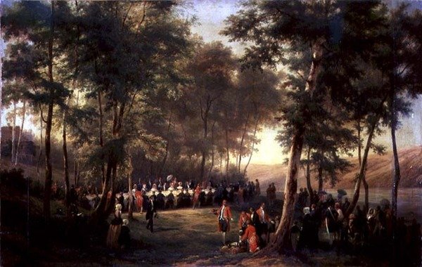 Almoço Dado por Louis-Philippe (1773-1850) para a Rainha Vitória (1819-1901) na Floresta de Eu, 6 de setembro de 1843, 1844 (ver também 379713) de Karl Girardet