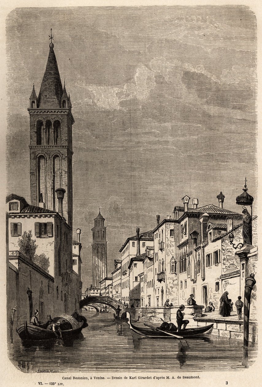 O Canal Rezonico, desenho de Karl Girardet (1813-1871), para ilustrar a viagem de Adalbert de Beaumont a Veneza, por volta de 1850. Gravura em "Le tour du monde", editado por Edouard Charton de Karl Girardet