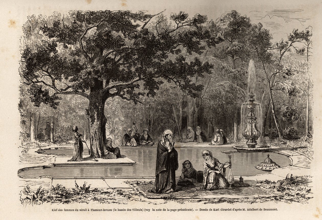 O lenço das mulheres do serail em Flamour-Javuzu (Flavour Javuzu), no palácio de Constantinopla (actual Itamboul), Turquia, desenho de Karl Girardet (1813-1871), para ilustrar uma visita ao serail em 1860, por uma mulher anónima. Gravura em " de Karl Girardet