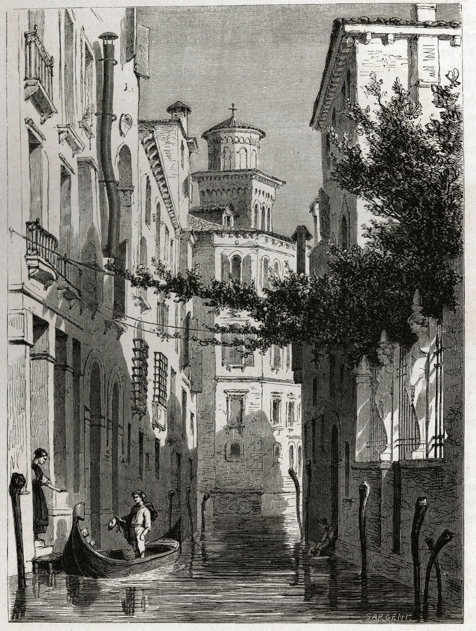O palácio de Bianca Cappello em Venezia, Veneza. desenho de Karl Girardet (1813-1871), para ilustrar a viagem de Adalbert de Beaumont a Veneza, por volta de 1850. Gravura em "Le tour du monde", editado por Edouard Charton de Karl Girardet