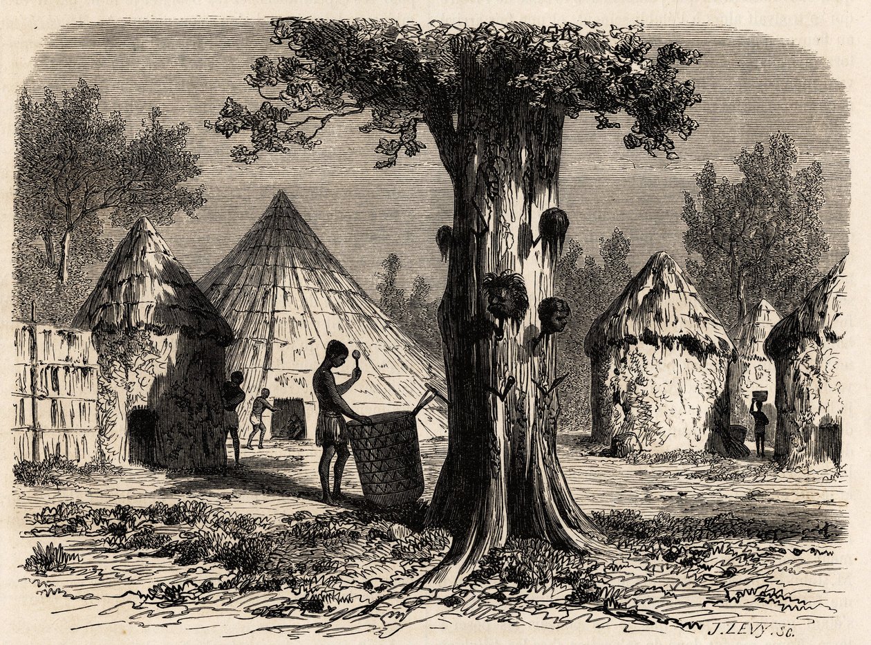 A árvore da guerra, numa aldeia de Djour, região de Bahr-el-Gazal, Sudão, desenho de Karl Girardet (1813-1871) para ilustrar a viagem ao rio das gazelas de A. Bolognesi, em 1856-1857. Gravura em "Le tour du monde", editado por Edouard Charton de Karl Girardet