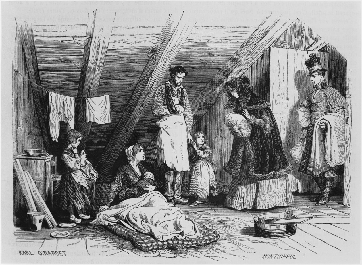 Visitando os pobres, ilustração de &39;Le Magasin Pittoresque&39;, Paris, 1844 de Karl Girardet