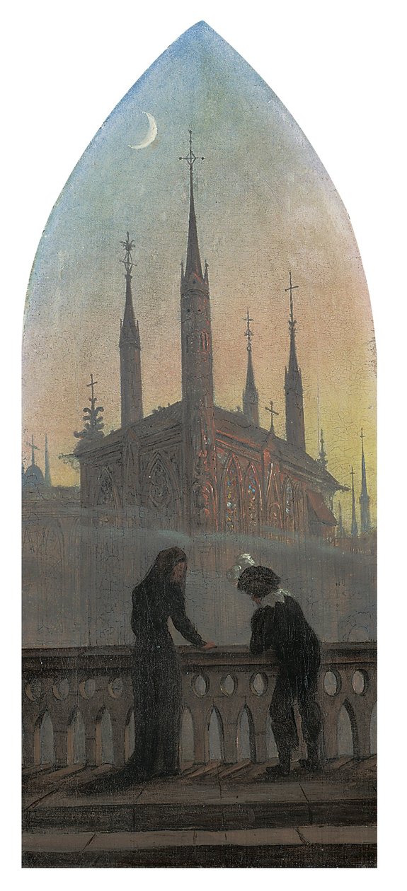 Pessoas vestidas de velhos alemães na contemplação de uma cidade medieval de Karl Gustav Carus