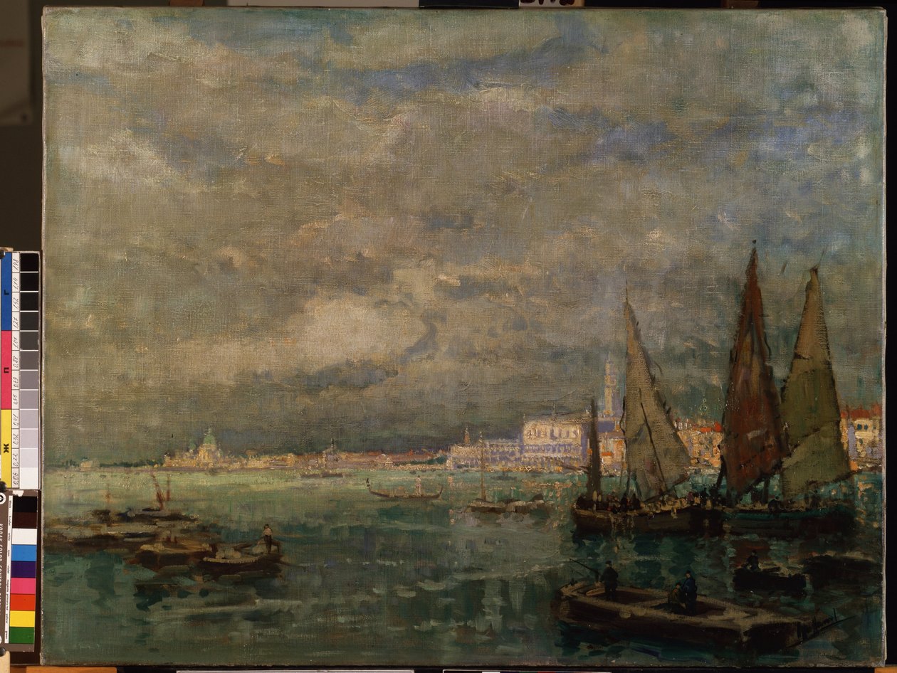 ""Vista de veleiros na lagoa de Veneza"" (Blick auf Venedig mit Segelbooten). Pintura de Karl (Carl) Hagemeister (1848-1933) 1926 Dim. 51x71 cm Museu de Belas Artes Mikalojus Konstantinas Ciurlionis, Kaunas, Lituânia de Karl Hagemeister