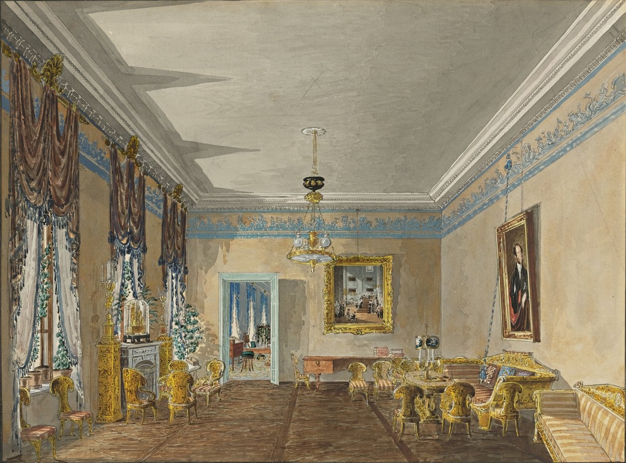 Sala de estar na casa da princesa Anna Gagarina em Petersburgo, 1799 de Karl Ivanovich Kolmann