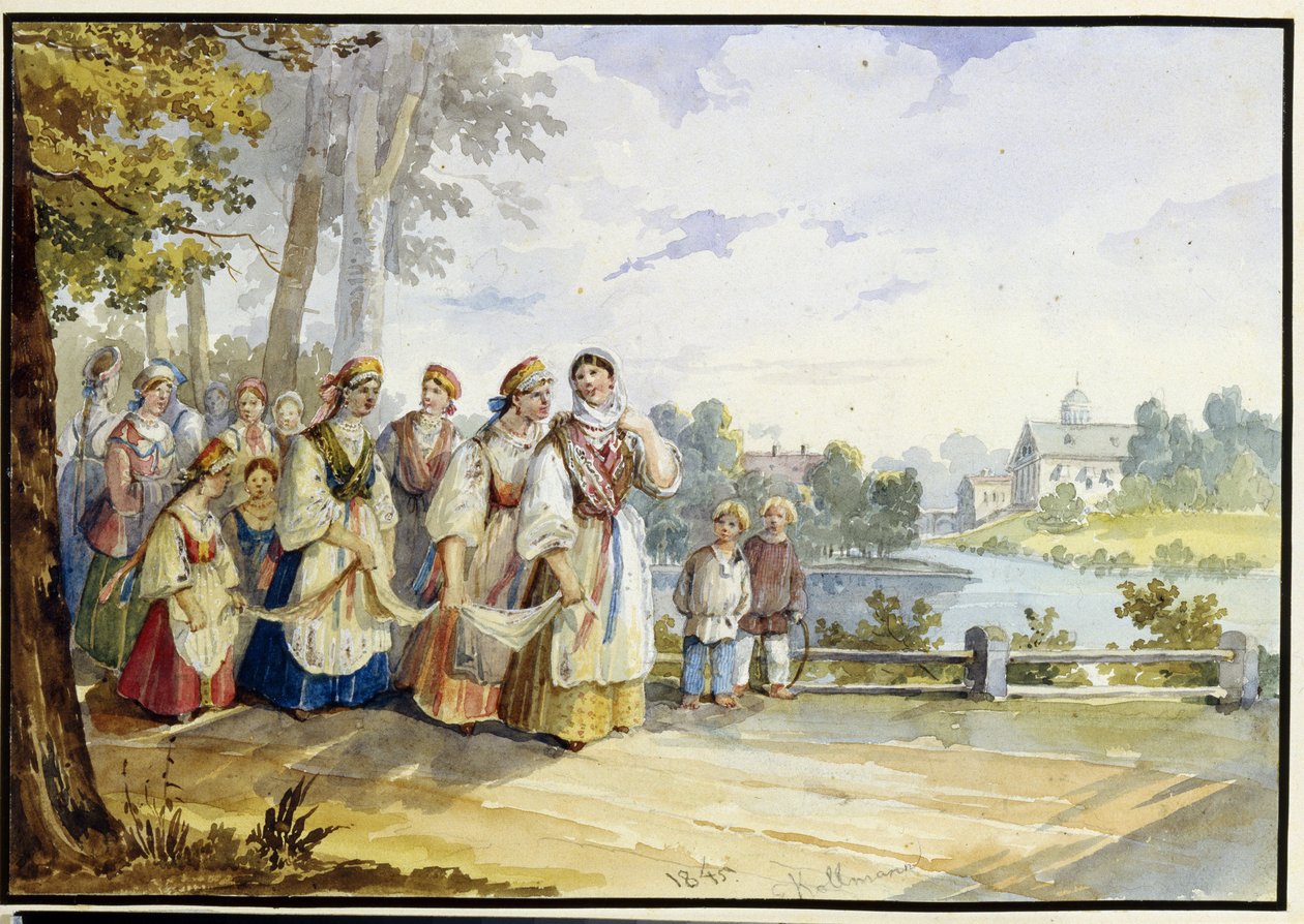 Raparigas Camponesas Russas com Vestido do Festival. Obra de Karl Ivanovich Kolmann (1786-1846), aguarela sobre papelão de Karl Ivanovich Kolmann