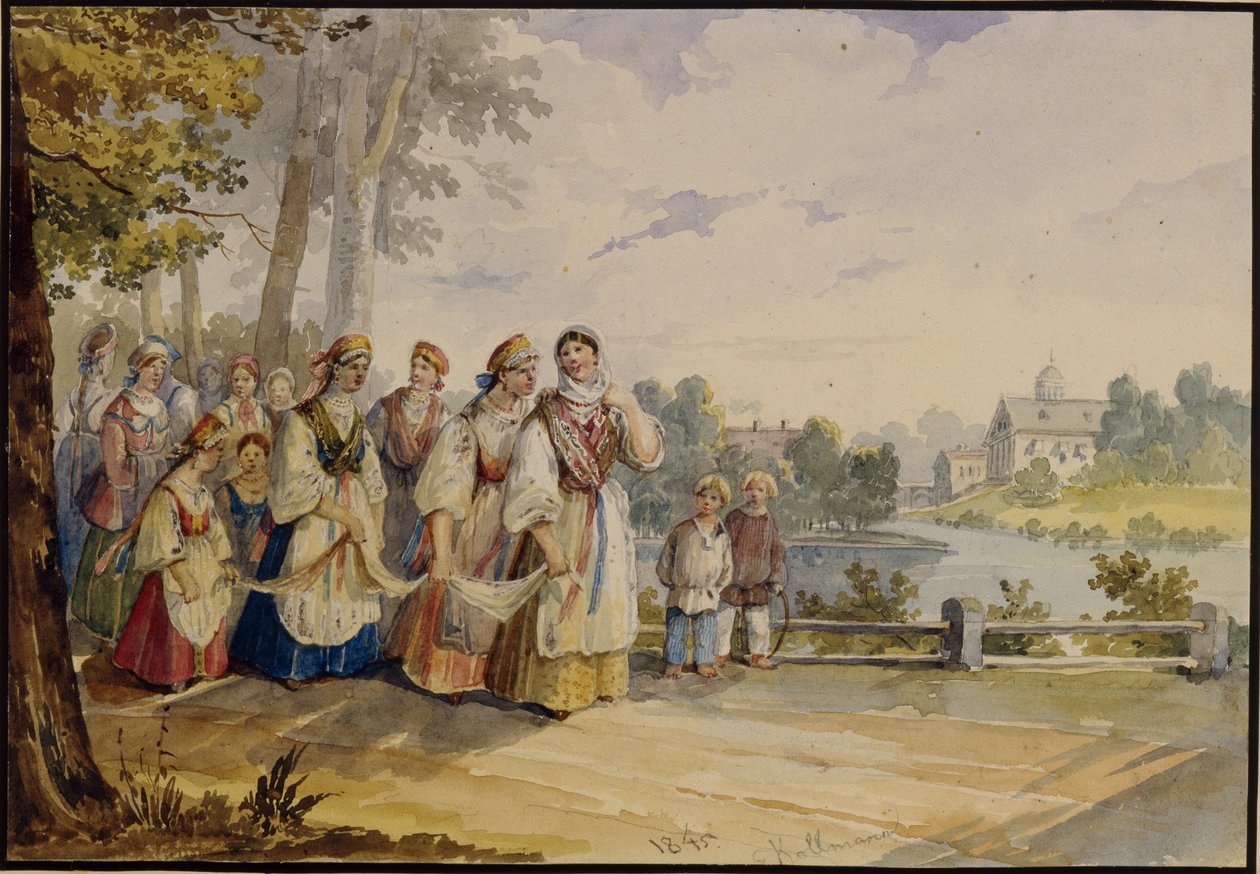 Camponesas russas com vestido de festa, 1845 de Karl Ivanovich Kolmann