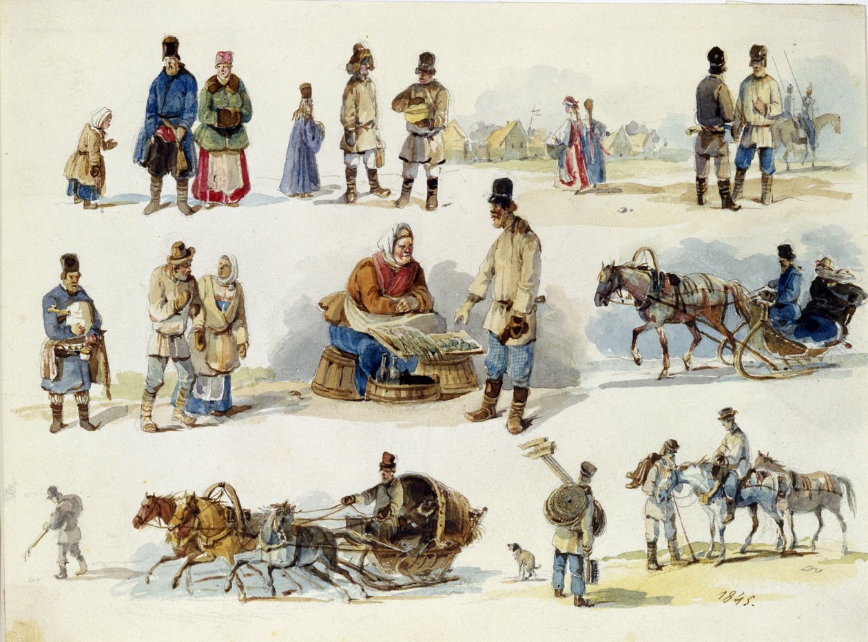 Tipos populares da Rússia. Obra de Karl Ivanovich Kolmann (1786-1846), aguarela sobre papelão de Karl Ivanovich Kolmann