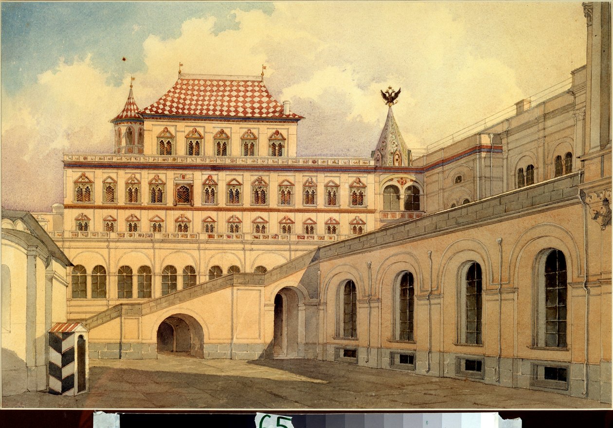 O Palácio Terem no Kremlin de Moscou - O Palácio Terem no Kremlin de Moscou - Obra de Karl Ivanovich Rabus (1800-1857), aquarela sobre papel, por volta de 1830-1840 - arte russa de Karl Ivanovich Rabus
