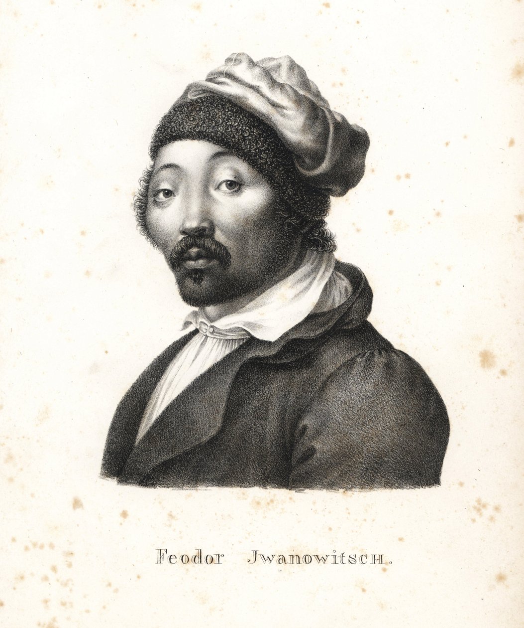 Feodor Jwanowitsch, nómada de Kalmyk raptada pelos russos, que mais tarde se tornou pintor e gravador de chapas de cobre. Litografia de Karl Joseph Brodtmann de Heinrich Rudolf Schinz, Ilustrado História Natural de Homens e Animais de Karl Joseph Brodtmann
