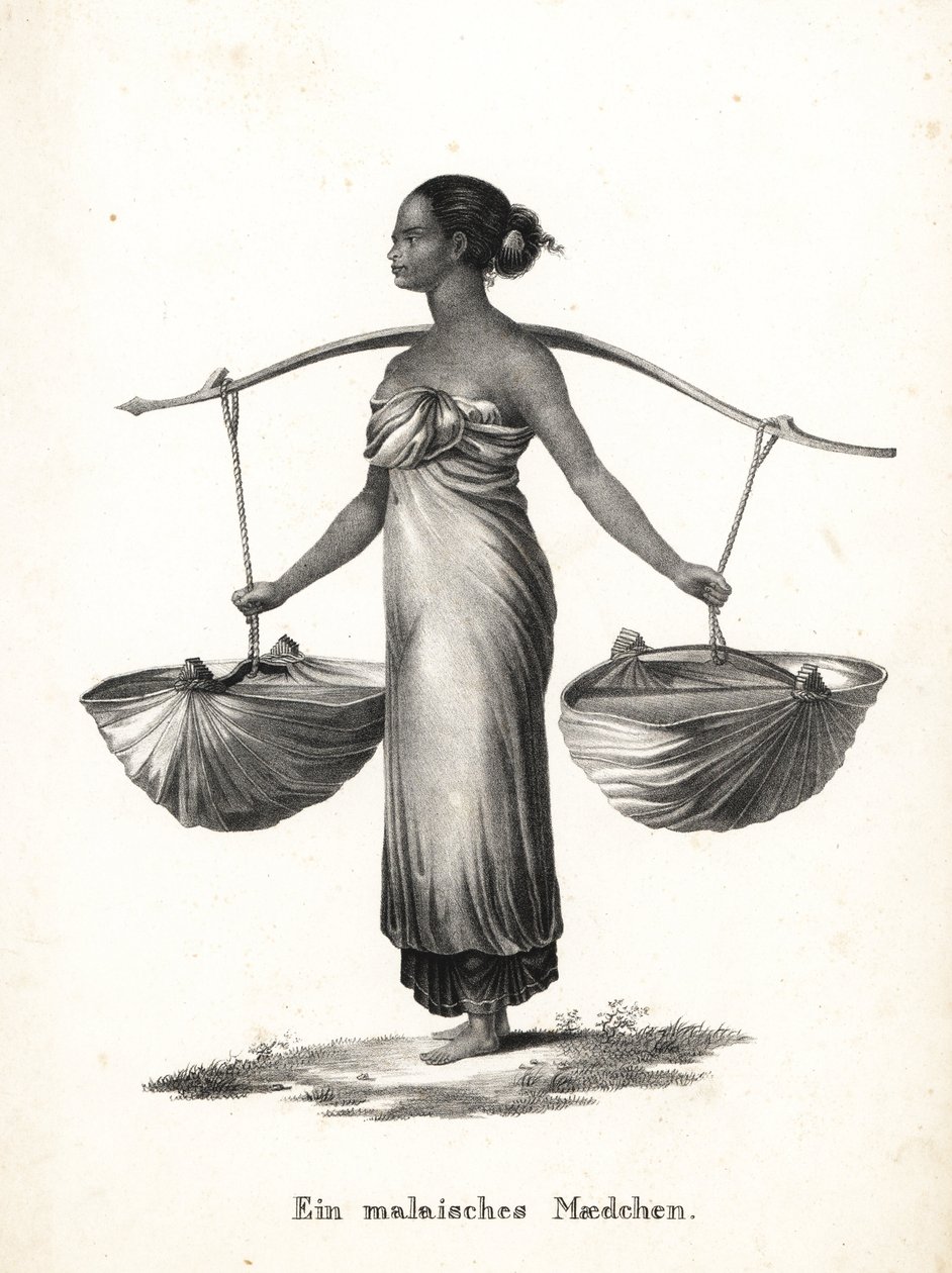 Rapariga malaia com cabelo amarrado com sapatilhas de um jugo. Litografia de Karl Joseph Brodtmann de Heinrich Rudolf Schinz