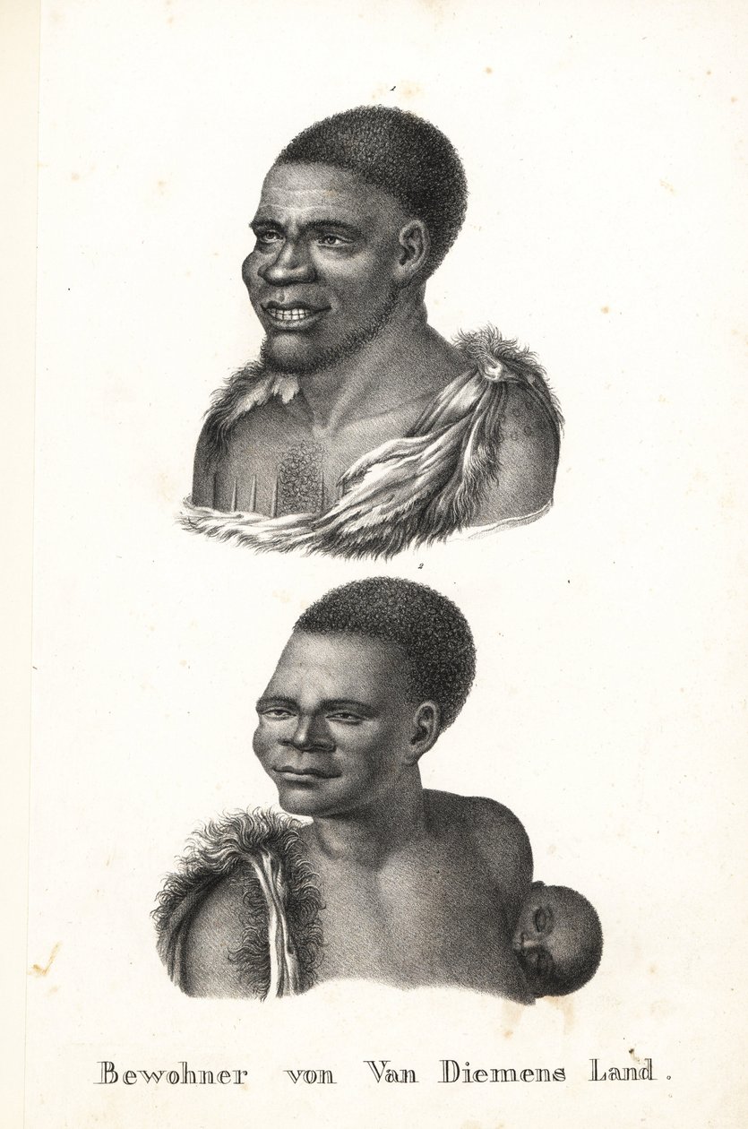 Nativos da Tasmânia, Terra de Van Diemen. Grou Aagara, homem com escarificação no peito e capa de pele de animal, e Arra-Maida, mulher com uma criança às costas num papoose de canguru. Os nativos da Tasmânia foram exterminados pelos colonizadores. Copiado  de Karl Joseph Brodtmann