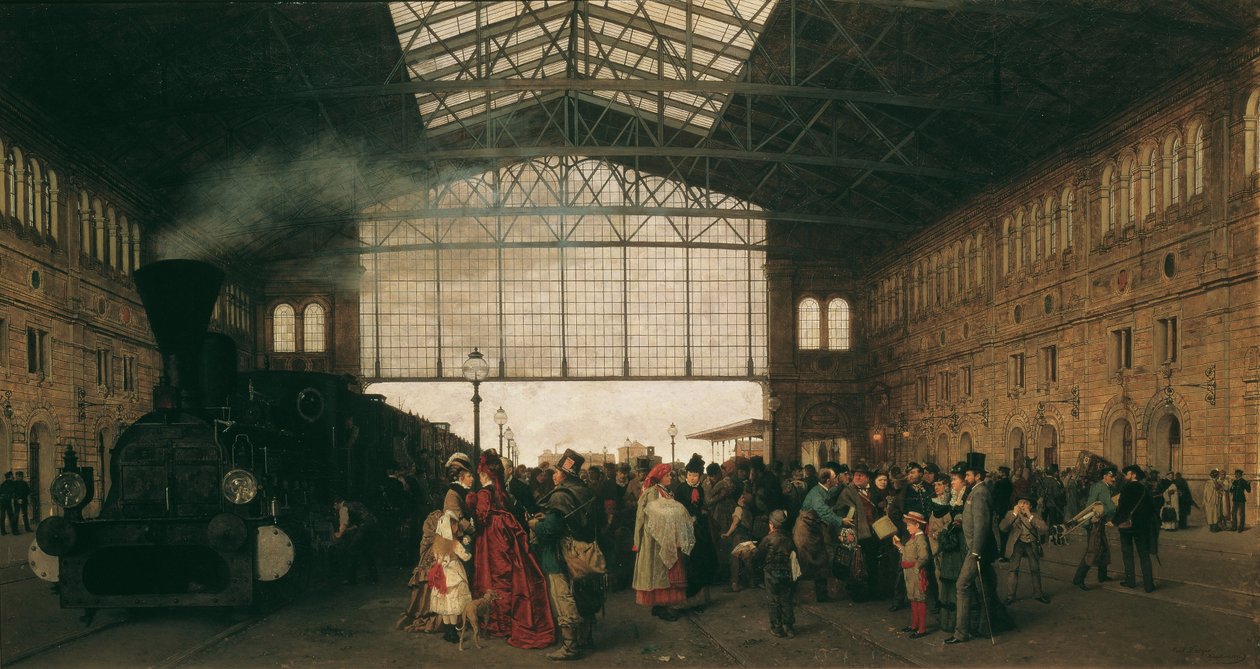 Chegada de um trem na estação noroeste de Viena, 1875 de Karl Karger