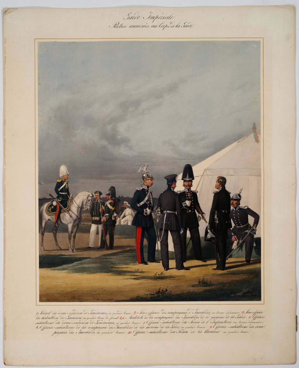 Garde imperiale: pioneiros (sapeur), inválidos e gendarmes - Pioneiros, inválidos e gendarmes do Corpo de Guardas Imperiais - Piratsky, Karl Karlovich (1813-1889) - 1867 - Litografia a cores - 56x45 - Colecção Privada de Karl Karlovich Piratsky