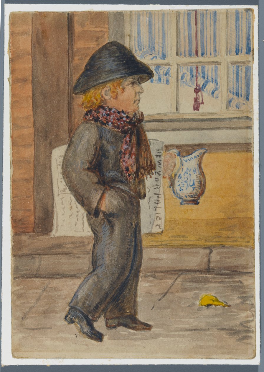 Polícia Gazette Newspaper Boy, 1864 (wc sobre underdrawing mídia negra) de Karl L.H. Mueller
