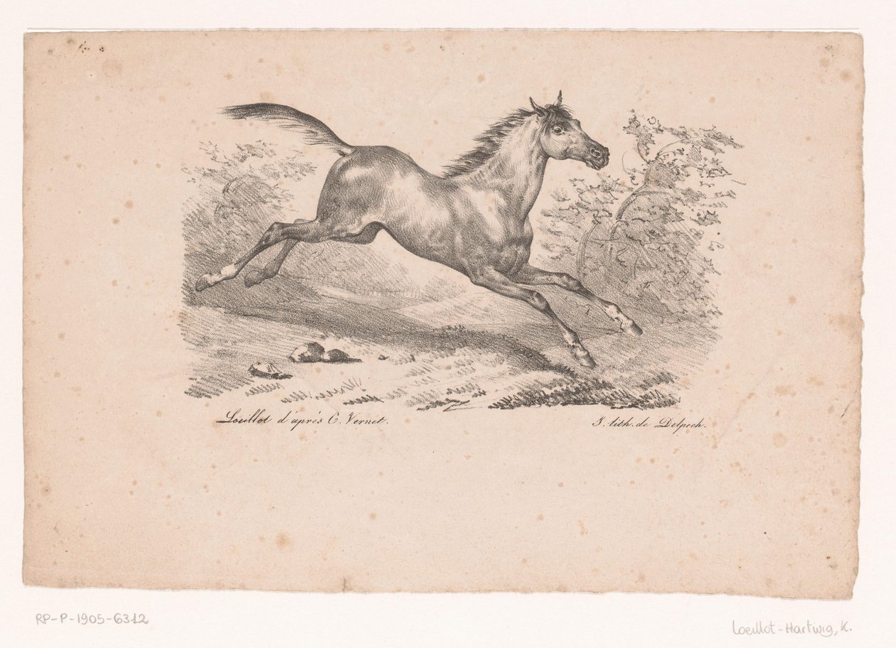 Cavalo galopando na paisagem Cavalos e Cavaleiros (título da série) de Karl Loeillot Hartwig