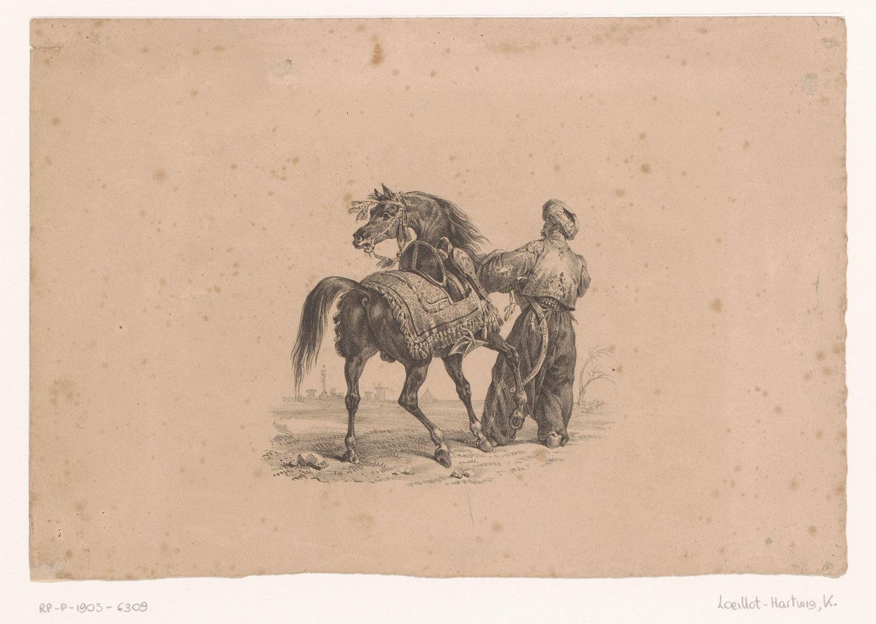 Cavalo e homem de pé em roupas otomanas Cavalos e Cavaleiros (título da série) de Karl Loeillot Hartwig
