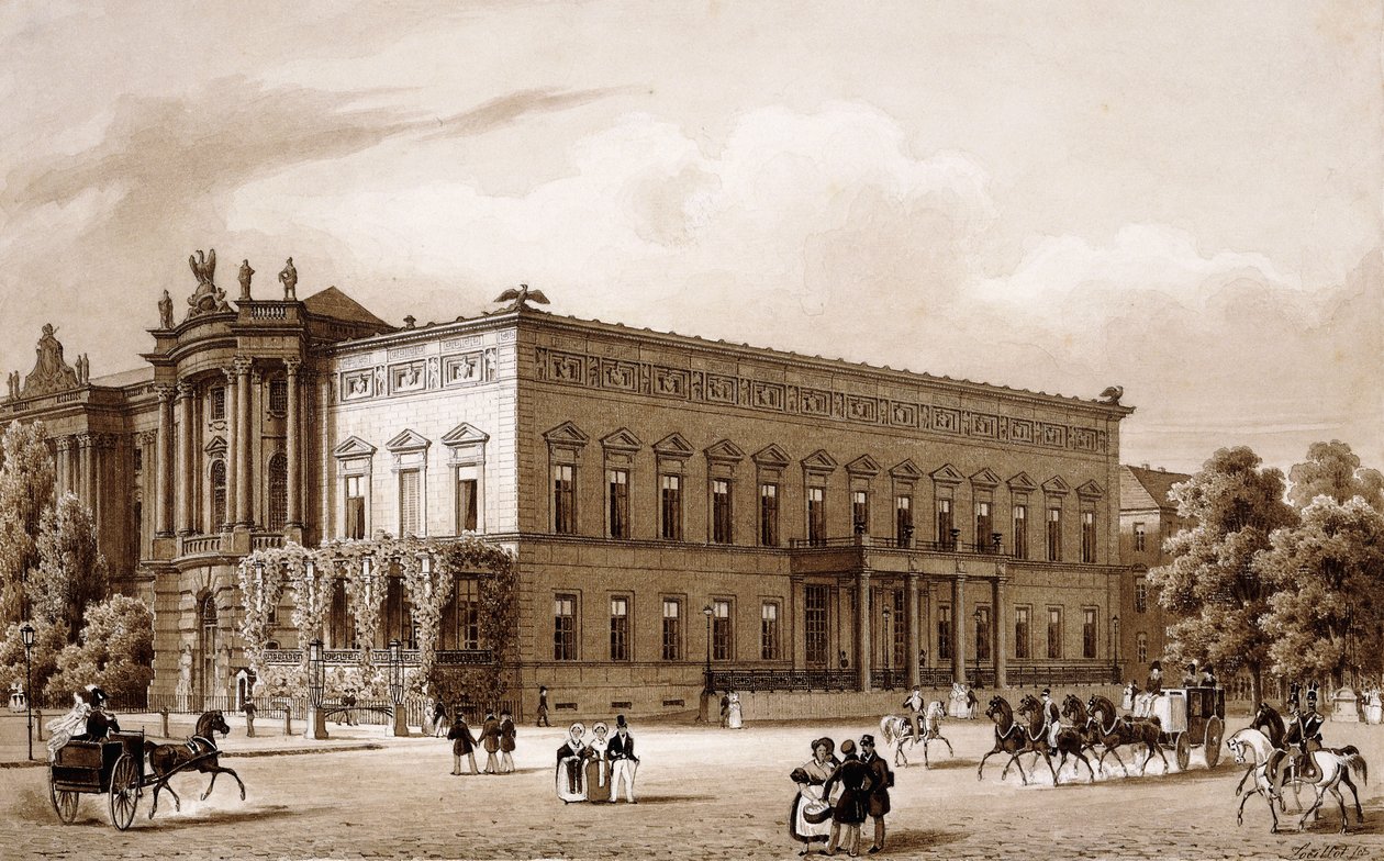 Unter den Linden, Berlim. o Palácio do Príncipe Wilhelm, construído por Karl Langhans em 1834-36, e a Künigliche Bibliothek, construída por Georg Christian Unger 1775-78, de acordo com os planos de Josef Emanuel Fischer von Erlach, com vista para a Platz a de Karl Loeillot Hartwig