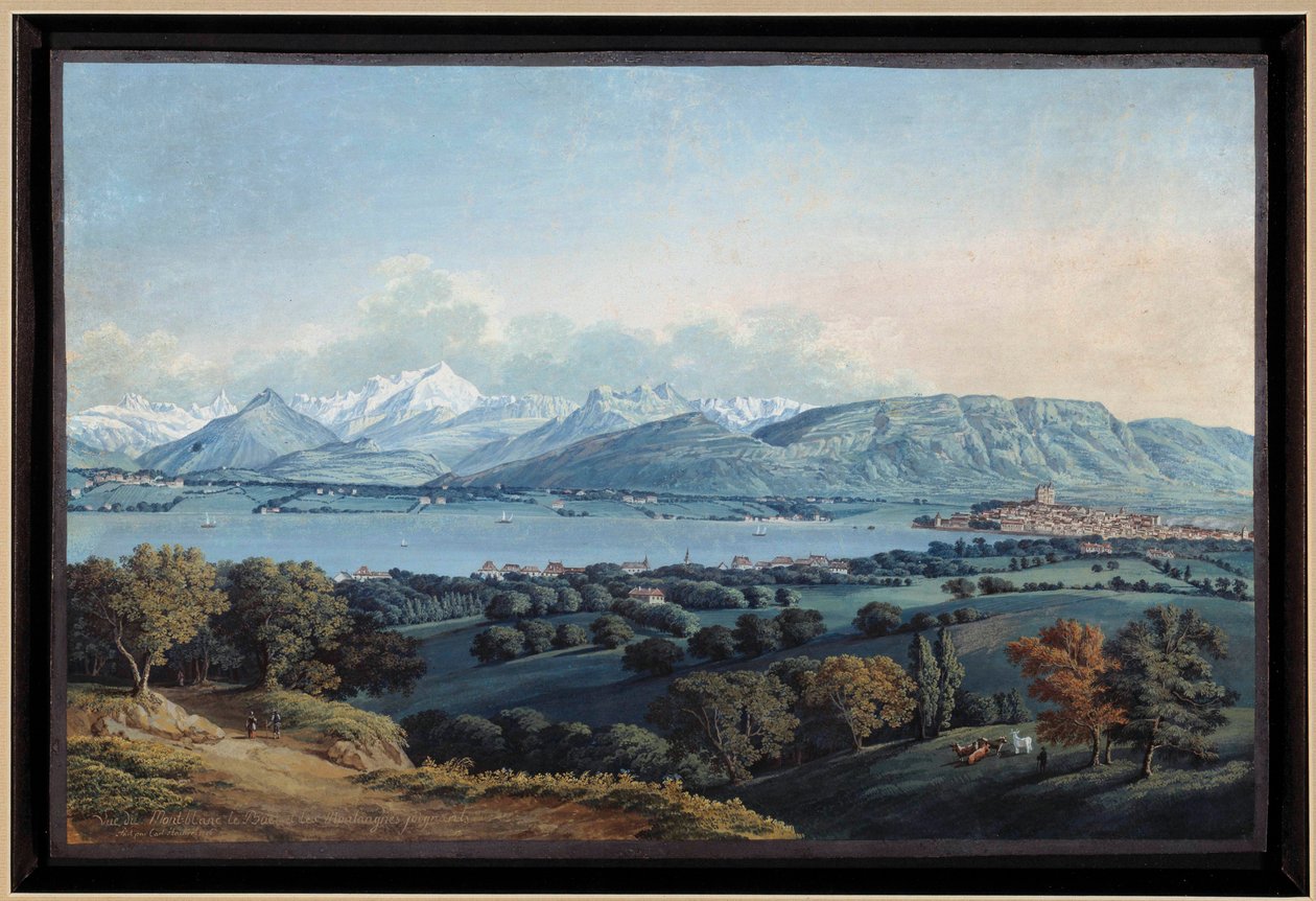 Vista de Genebra com Lake Leman e Mont Blanc Watercolour de Karl Hackert (1740-1800) Coleção Privada do século XIX de Karl Ludwig Hackert