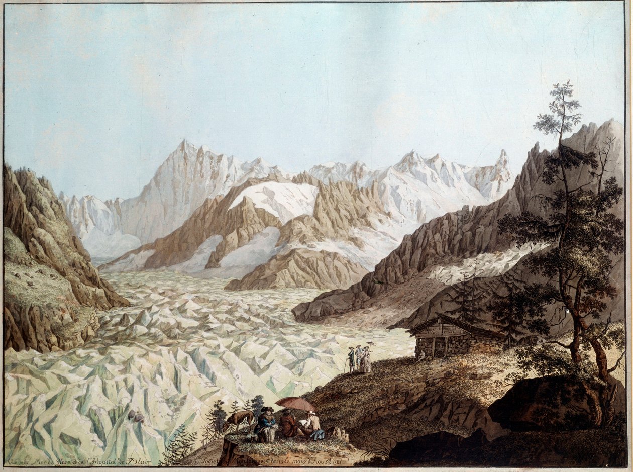Vista do mar de gelo do Monte Avert perto de Chamonix na Ilustração dos Alpes por Karl Hackert (1740-1800) (ec.all.) 1781 Frankfurt. Kunstinstitut de Stadelsches de Karl Ludwig Hackert