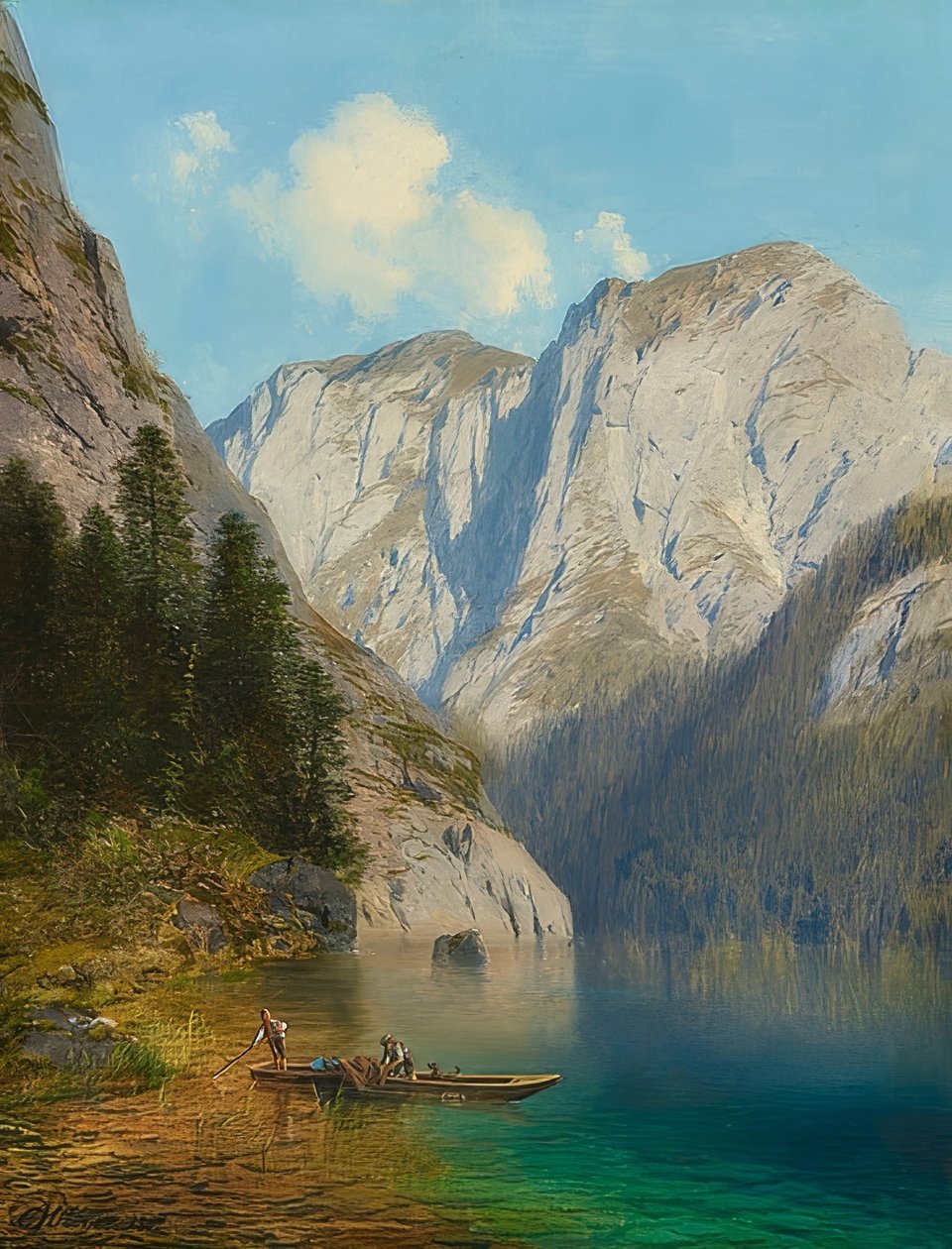 Pescadores no mar nas margens de um lago de montanha. 1882 de Karl Millner