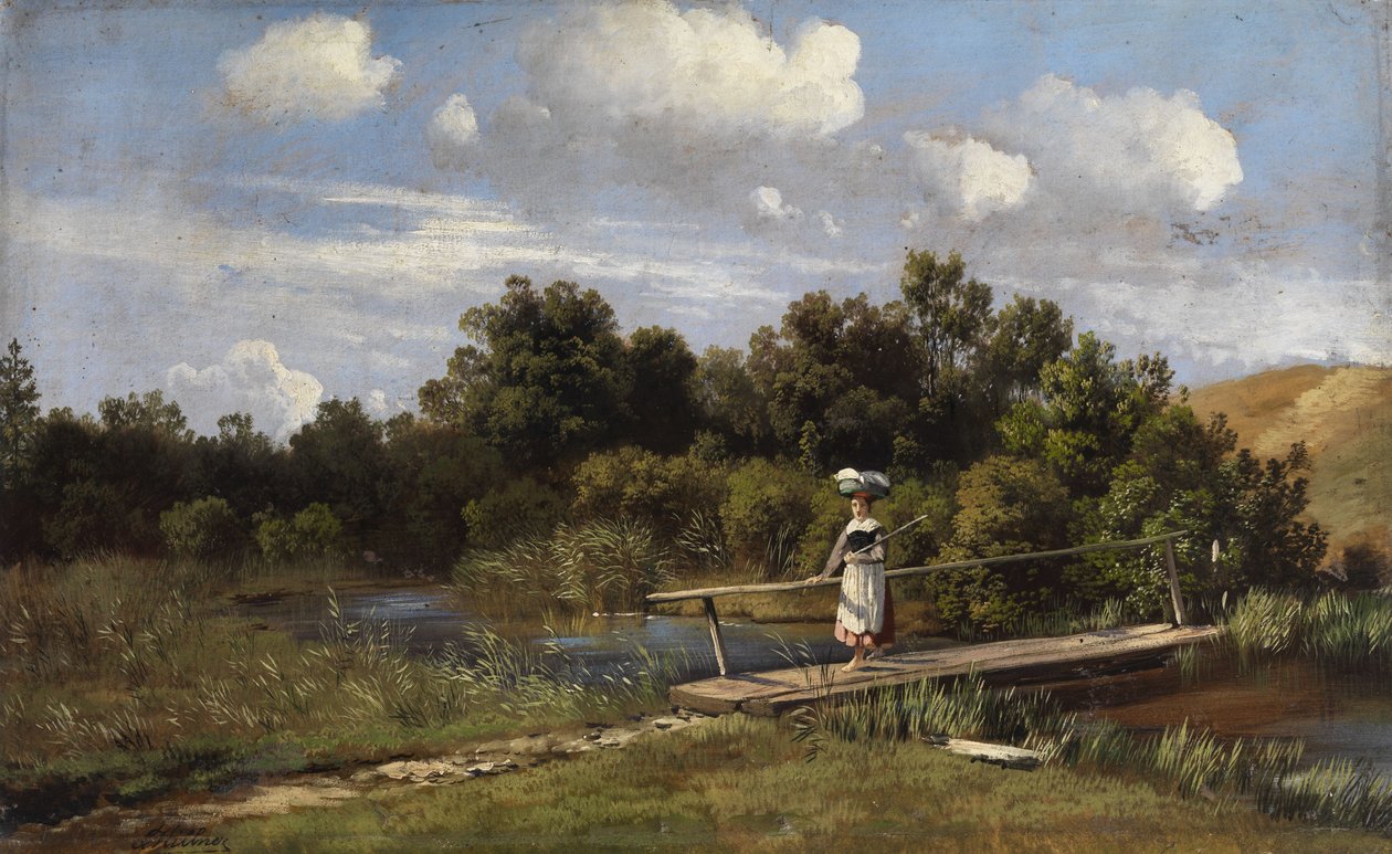 Paisagem de verão com uma lavadeira em uma ponte de Karl Millner