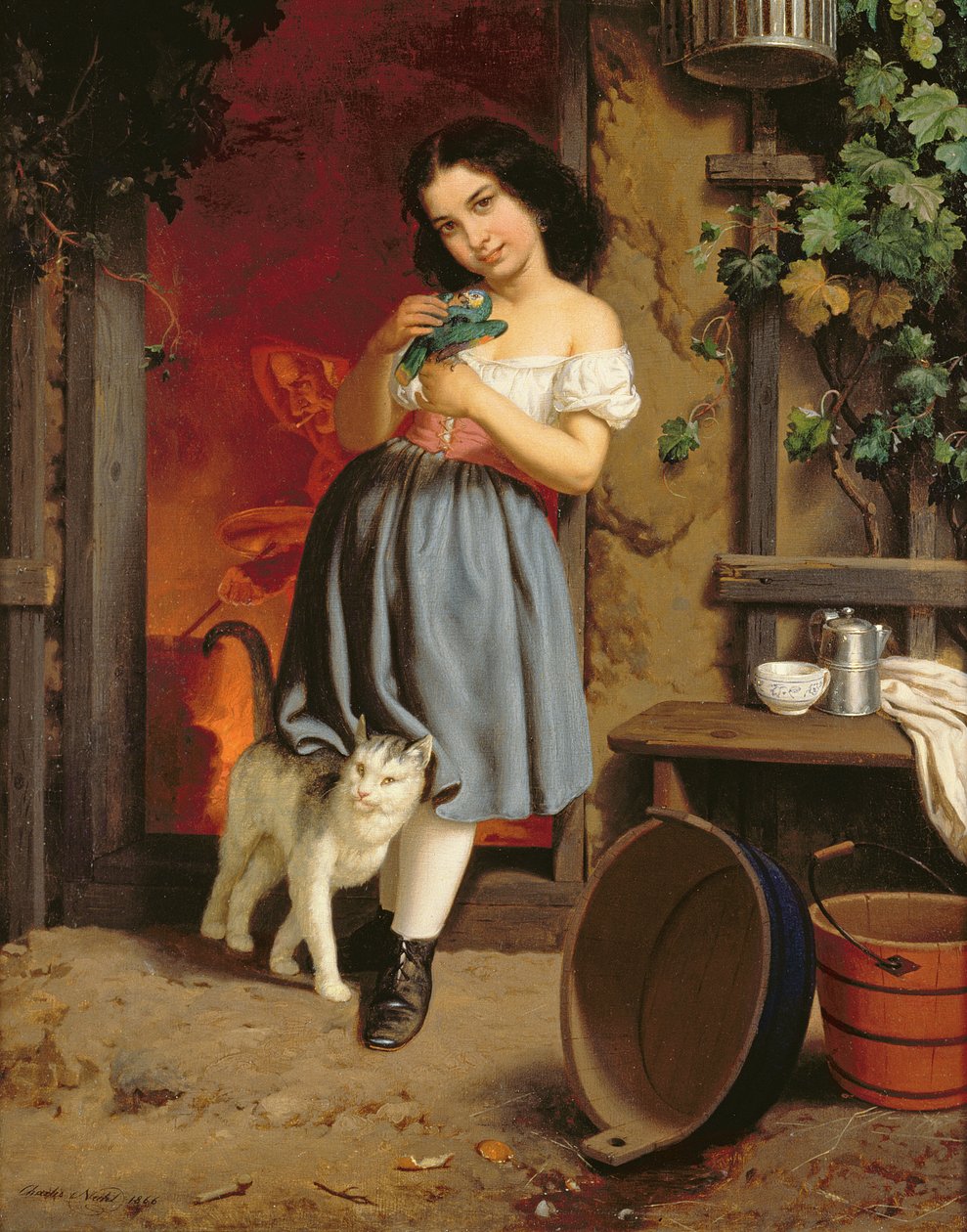 Uma jovem garota com um gato, 1866 óleo sobre tela de Karl Nahl