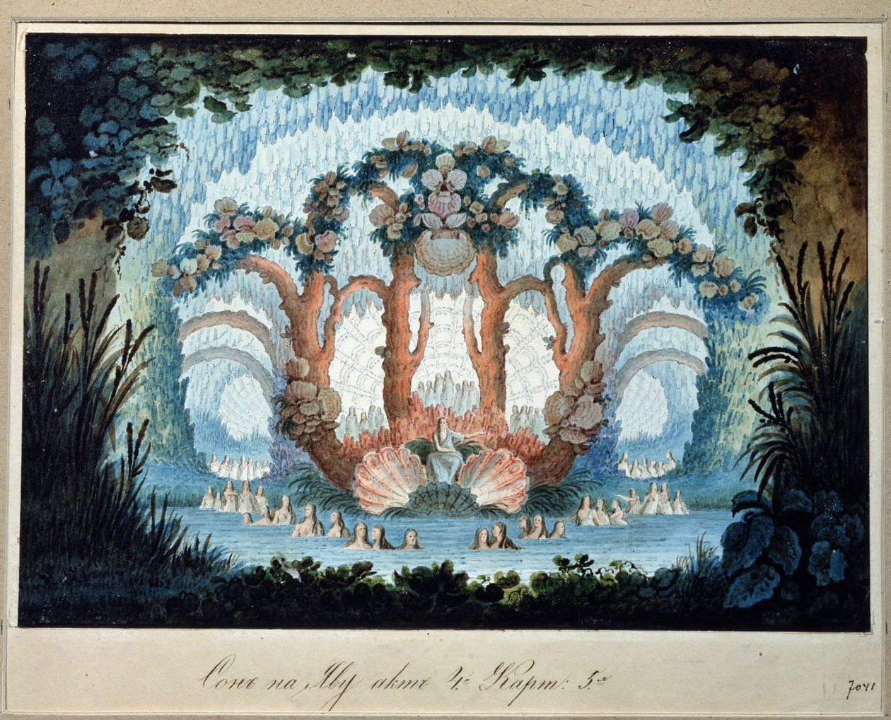 Desenho de palco para a ópera "Chor Valley" de A.Verstovski. Obra de Karl Ossipovich Braun, o Grande (?-1854). Tinta e aguarela sobre papel, 31,9 x 41,2 cm, arte russa, arte cénica de Karl Ossipovich the Elder Braun