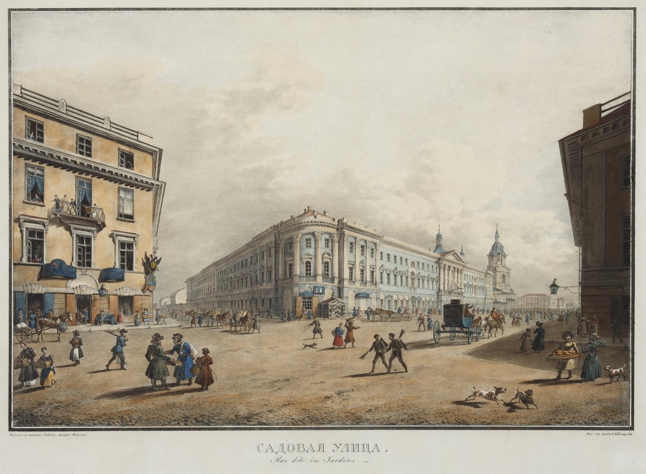 Vista da Rua Sadovaya em São Petersburgo - Karl Petrovich Beggrov (1799-1875). Litografia, aguarela de Karl Pavlovich Beggrov