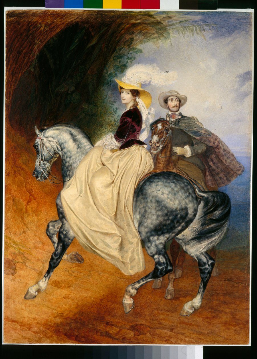 Os cavaleiros: retratos de Eugene Mussard (por volta de 1814-1896) e sua esposa Emilie (por volta de 1832-1896) - Obra de Karl Pavlovich Briullov (Brioullov) (1799-1852) de Karl Pavlovich Bryullov